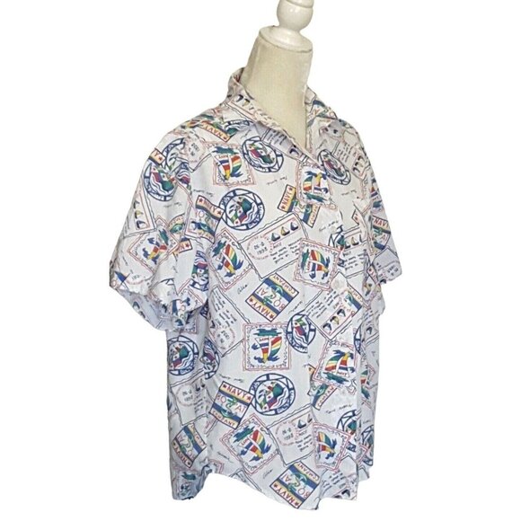Huntington Ridge Vtg Women's Top L Nautical White Short Sleeve Boats Button Fron - Picture 7 of 10